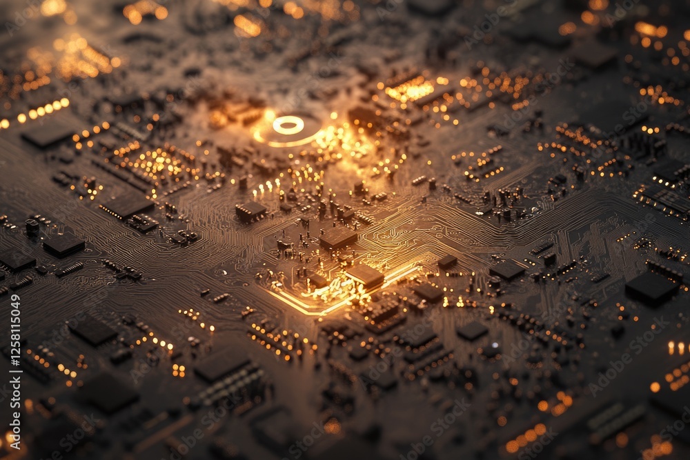 Poster close-up of a circuit board with glowing pathways, showcasing intricate electronic components and co