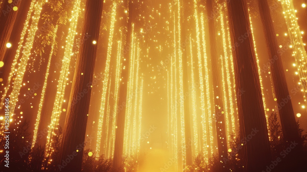 Poster magical golden fairy lights arranged in vertical patterns, casting a soft glow and creating an encha