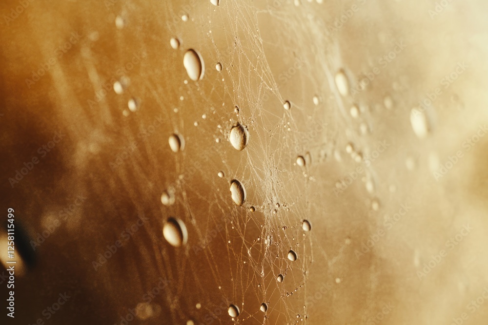 Poster dewdrops clinging to a spiderweb, creating a stunning abstract image with a golden hue.