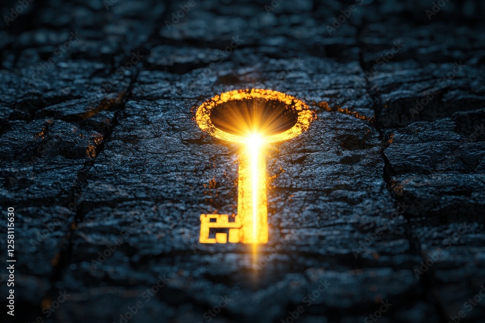 Poster illuminated key embedded in a dark, textured surface, representing concepts like access, security, a