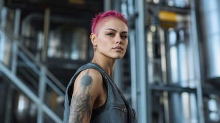Fototapeta premium Candid Portrait of a Nonbinary Individual with Vibrant Pink Hair in Urban Setting