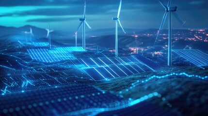Modern graphic design depicting various energy forms, from solar panels to wind turbines, emphasizing innovation and sustainability.