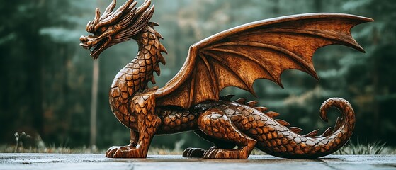 Obraz premium • A small figurine of a mythical dragon, skillfully carved from wood, stands proudly on a pure white surface. High-contrast lighting outlines every scale and curve, ensuring no shadow disrupts 