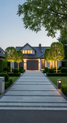 Fototapeta premium Elegant Modern House Exterior at Twilight with Beautifully Landscaped Driveway and Lush Greenery