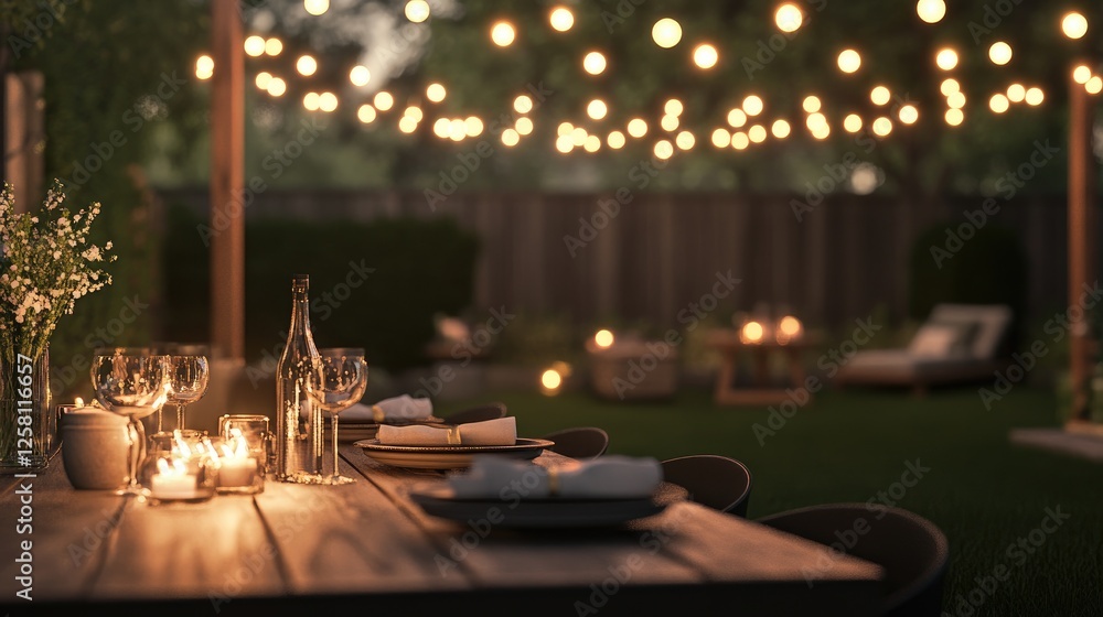 Poster outdoor party setting with vibrant string lights, casting a warm and inviting glow over the gatherin