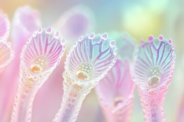 Naklejka premium Close-up of pastel-colored, intricate, bioluminescent structures resembling delicate flowers or sea creatures.
