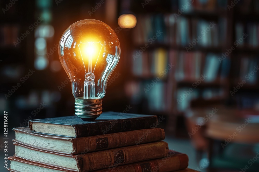 Poster a lit lightbulb resting on a stack of old books in a library, symbolizing idea generation, knowledge
