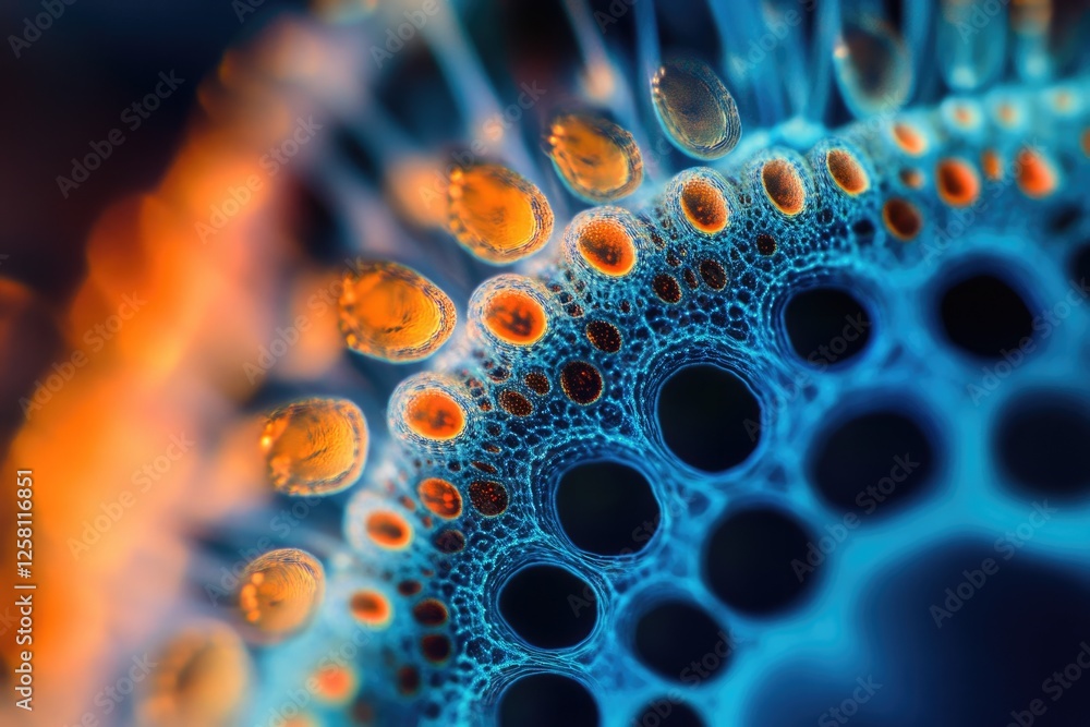 Poster abstract microscopic image showcasing vibrant blue and orange structures, resembling a complex netwo