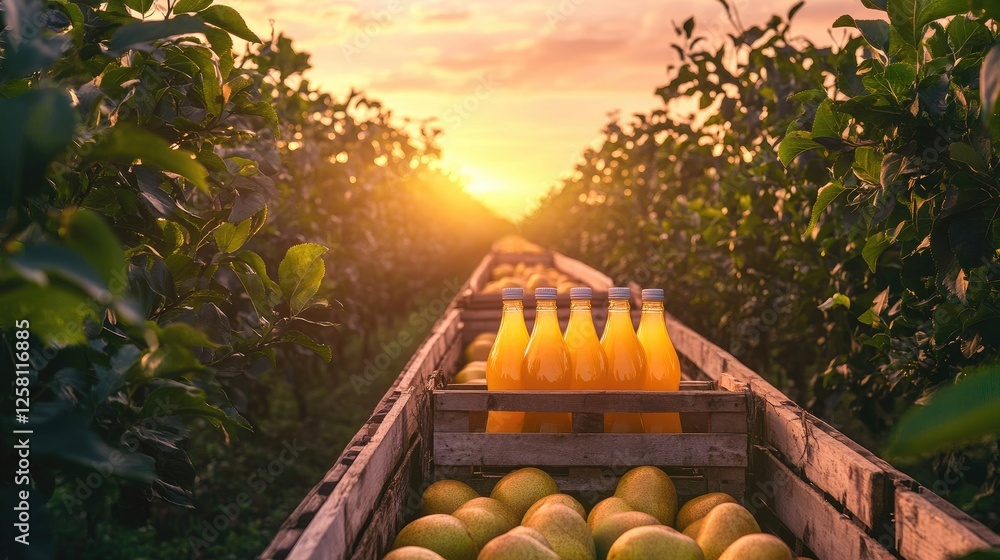 Poster pear juice bottles stacked on a cargo truck moving through a lush orchard at sunset, representing th