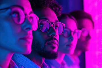 Close-up of diverse individuals wearing glasses, showcasing thoughtful expressions in vibrant, colorful lighting.