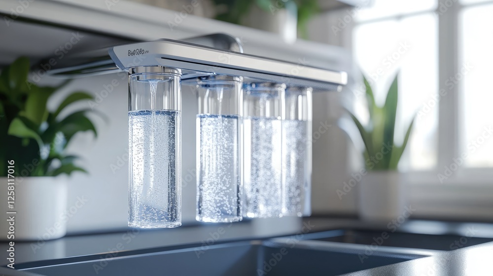 Poster pure water streaming through a reverse osmosis filtration system, emphasizing the clarity and purity