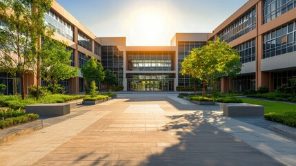 Modern school building with large glass windows and central entrance