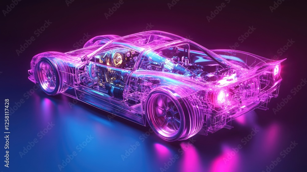Poster Realistic 3D model of a transparent car, highlighting internal components like engines and electronics, with a vibrant automotive design studio backdrop.