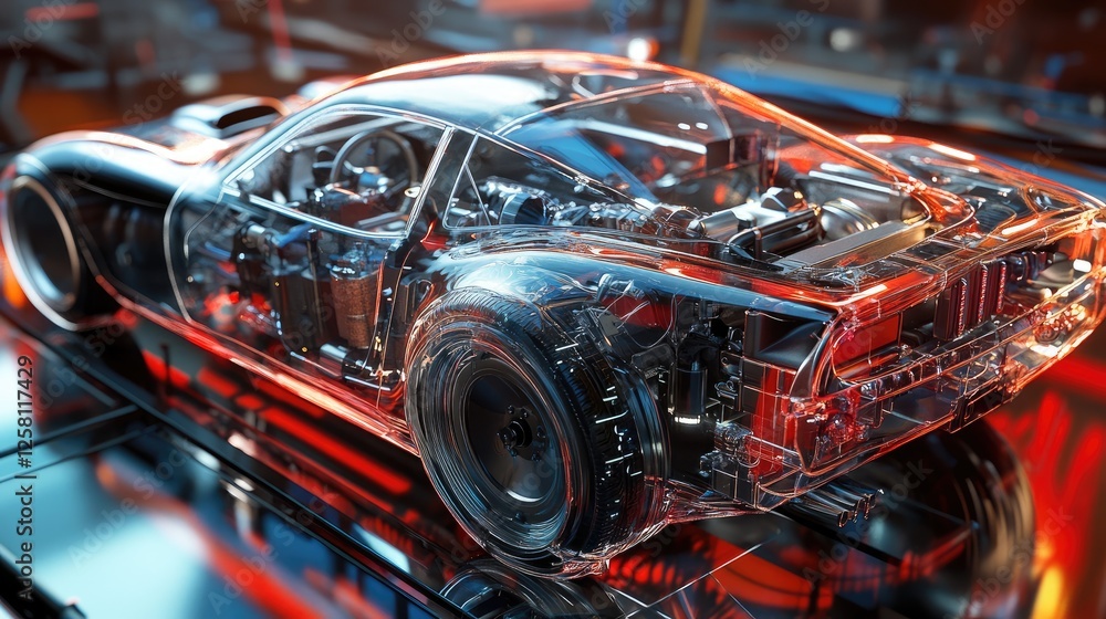 Poster Realistic 3D model of a transparent car, highlighting internal components like engines and electronics, with a vibrant automotive design studio backdrop.
