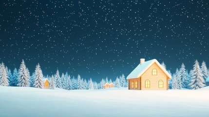 Fototapeta premium Charming Cozy Winter Cabin Surrounded by Beautiful Snowy Trees at Night