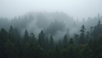 Misty coniferous forest