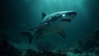 Fototapeta premium Deep ocean predator approaching in the darkness of the sea