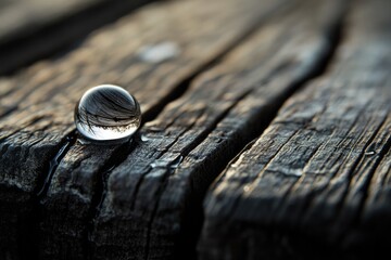 A glass sphere rests on weathered wood, reflecting a blurred landscape within its clear surface.