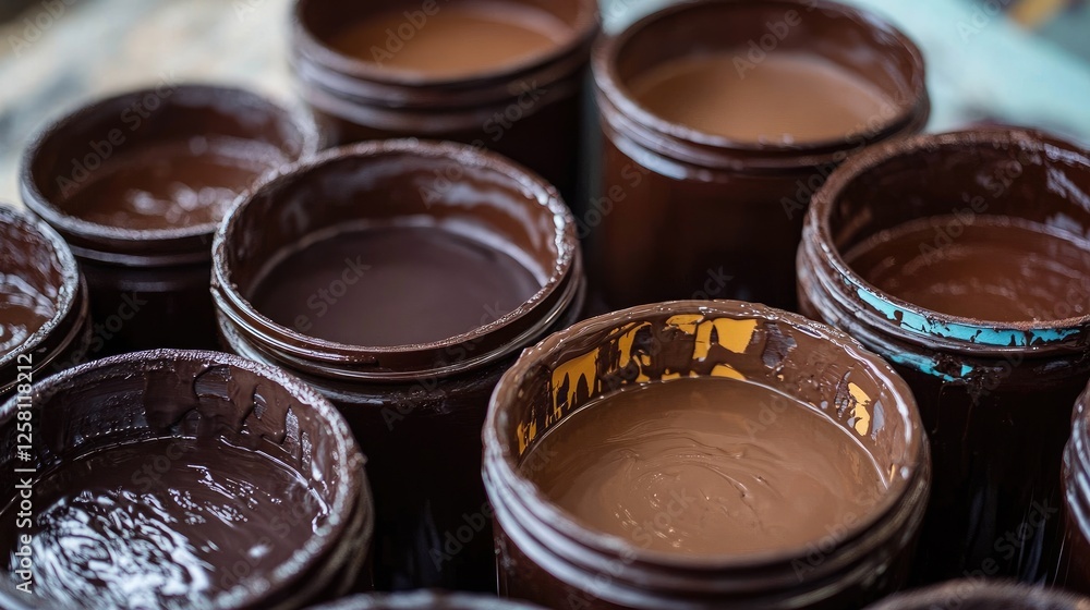 Poster Rich, chocolate-colored hues in circular jars, blending beautifully with artistic textures and splashes, creating a warm and inviting atmosphere