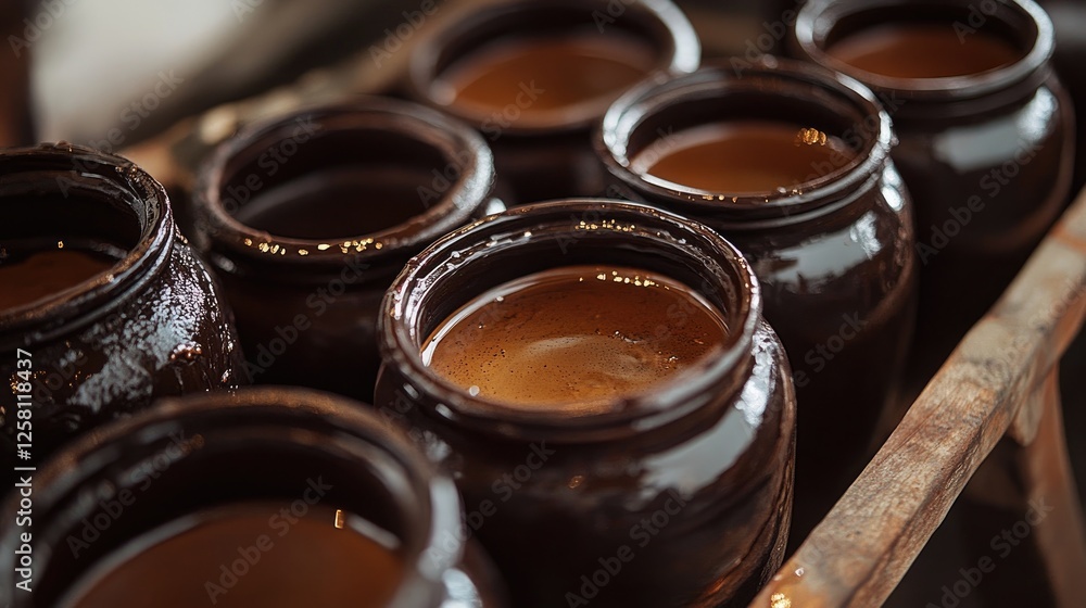Aufkleber rich, chocolate-colored hues in circular jars, blending beautifully with artistic textures and splas