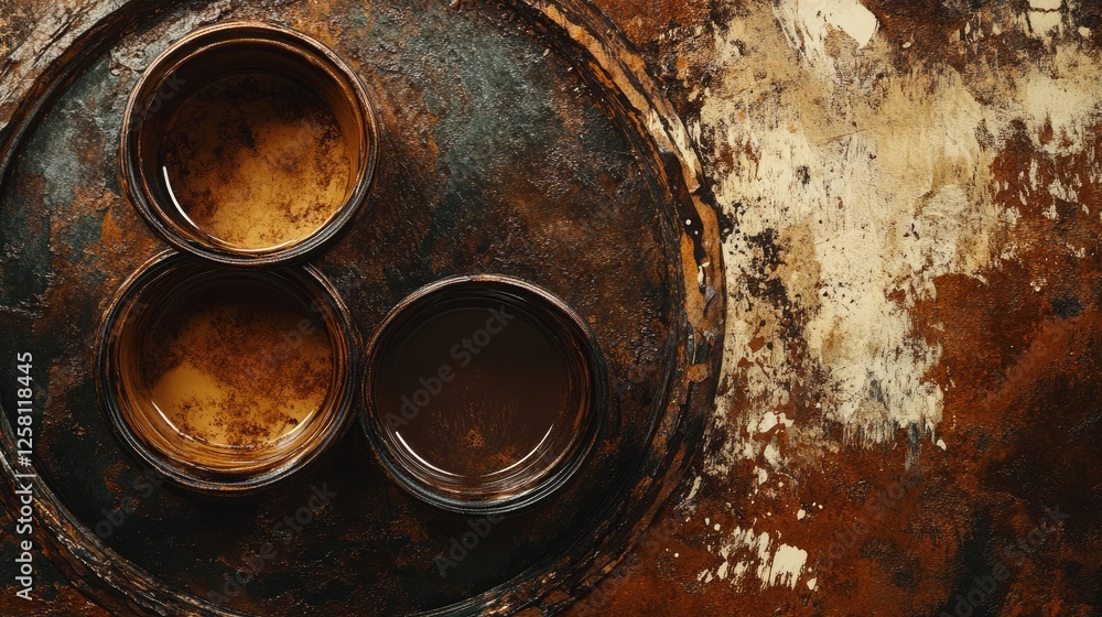 Poster rich, chocolate-colored hues in circular jars, blending beautifully with artistic textures and splas