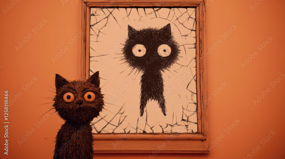 Canvas Prints Cruel cat, A cat stands before a broken mirror, reflecting its image, captured in high fidelity for stock photography.