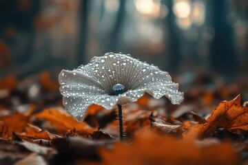 Delicate dew-kissed flower blossoms amidst a bed of fallen autumn leaves in a sun-dappled forest.