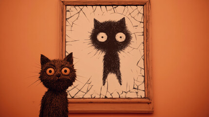 Cruel cat, A cat stands before a broken mirror, reflecting its image, captured in high fidelity for stock photography.