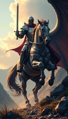 Fototapeta premium A knight on horseback battling a giant dragon with claws , claws, knight, military