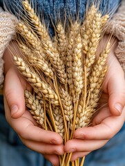 Golden wheat stalks cradled in hands convey a sense of abundance and fertility, reflecting their significance in Christian traditions and the Eucharist