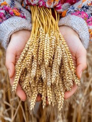 Hands cradle golden wheat stalks, representing fertility and unity. This scene evokes feelings of abundance and spiritual blessings associated with Easter traditions