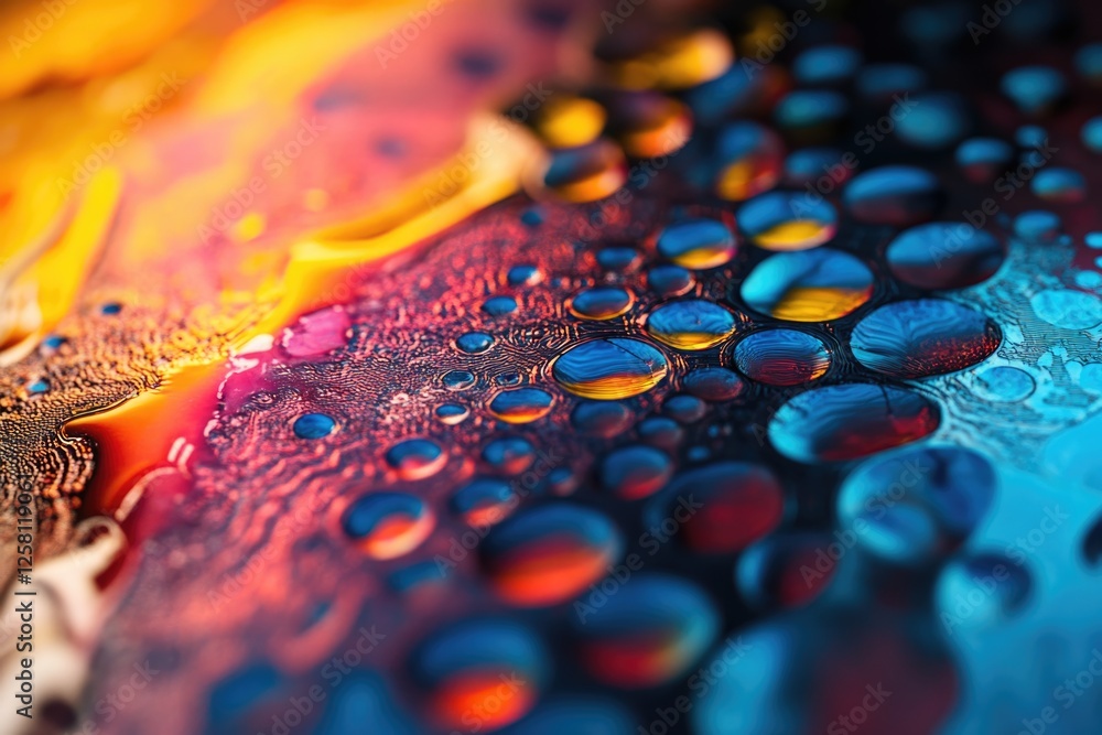 Poster vibrant abstract image of colorful oil droplets on water, creating a mesmerizing pattern of swirling