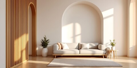 Modern living room, sunlight, arched walls, minimalist design, home decor