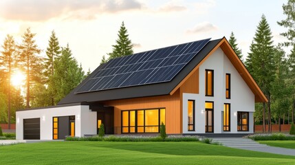 Modern Solar House in Green Landscape - Contemporary home with solar panels on the roof, nestled in a lush green setting at sunset. Eco-friendly design