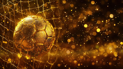 golden soccer ball in net, surrounded by sparkling lights, creates dramatic moment of victory