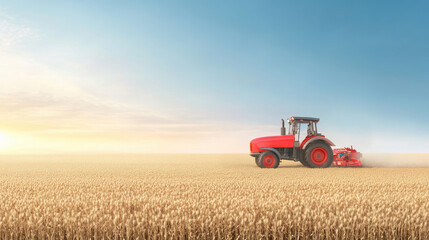 Fototapeta premium Tractor in Wheat Field: A red tractor plows through a vast golden wheat field, as the sun sets in the distance, painting the sky with vibrant hues of orange and pink.