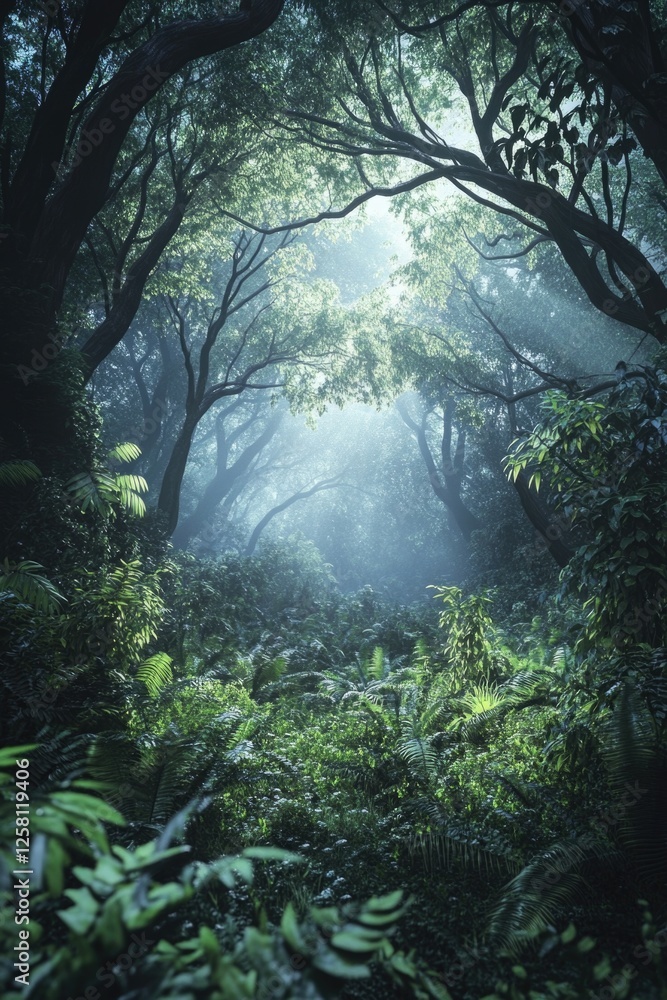 Poster winding path in dense foggy jungle, with light beams piercing through the trees. a mystical and adve
