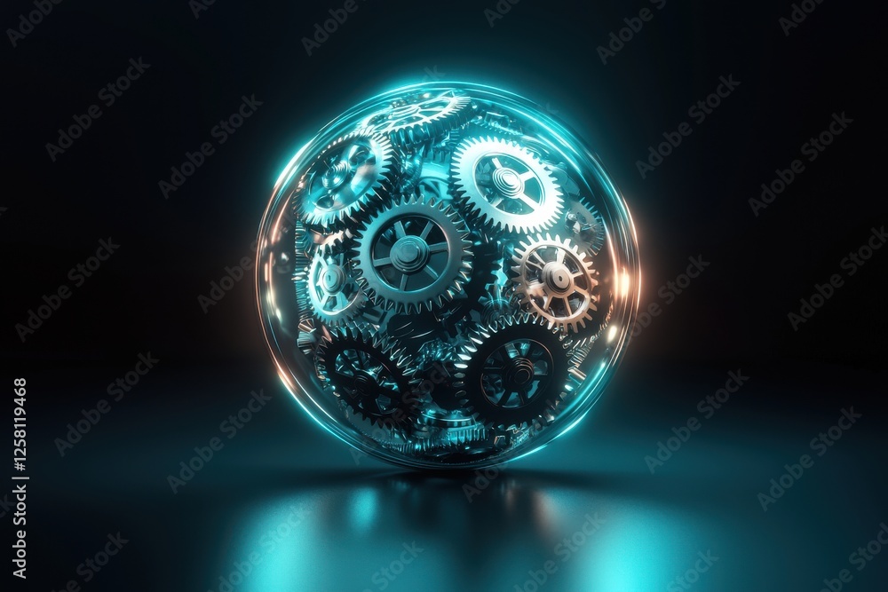 Poster a 3d rendering of a futuristic sphere filled with interconnected gears, symbolizing technology, prog