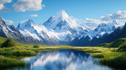 Majestic Mountain Reflection: A breathtaking vista of towering snow-capped mountains reflected in a tranquil alpine lake.  The azure sky.