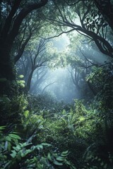 Fototapeta premium Winding path in dense foggy jungle, with light beams piercing through the trees. A mystical and adventurous scene.