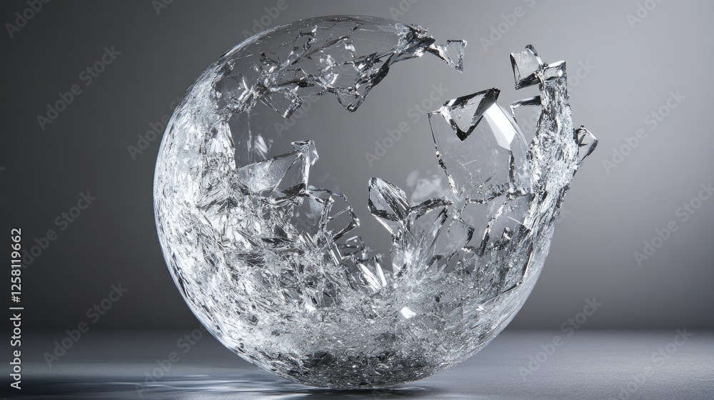 Aufkleber Shattered crystal sphere with sharp floating fragments, captured in mid-motion, offering an artistic representation of elegance and destruction against a grey backdrop.