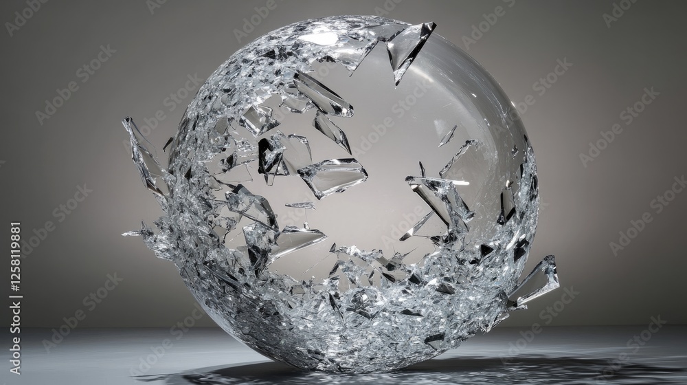 Aufkleber shattered crystal sphere with sharp floating fragments, captured in mid-motion, offering an artistic