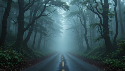 Obraz premium Misty road through a forest
