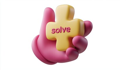 Cartoon 3D hand holding puzzle piece icon with the word 'solve' in a vibrant design