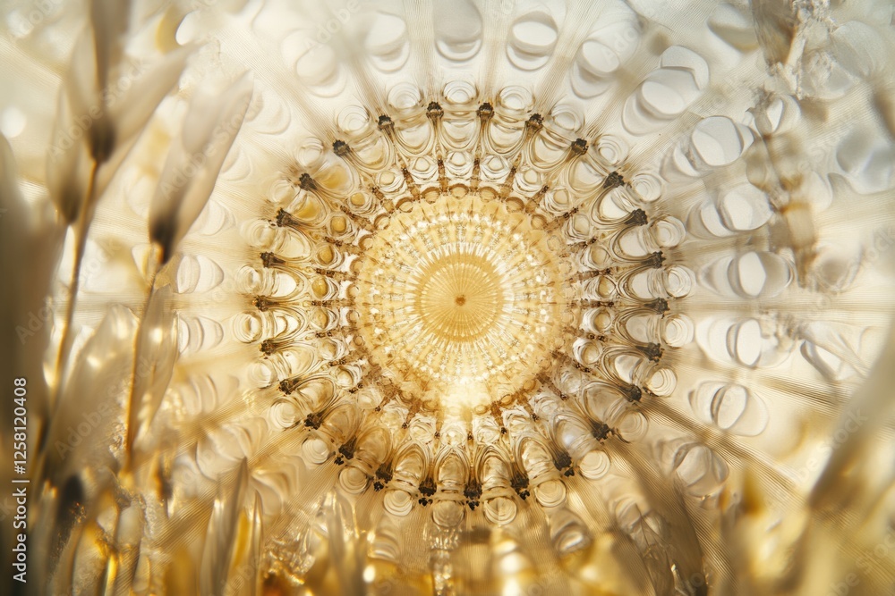 Poster intricate details of a dandelion seed head, revealing a mesmerizing symmetrical pattern and delicate