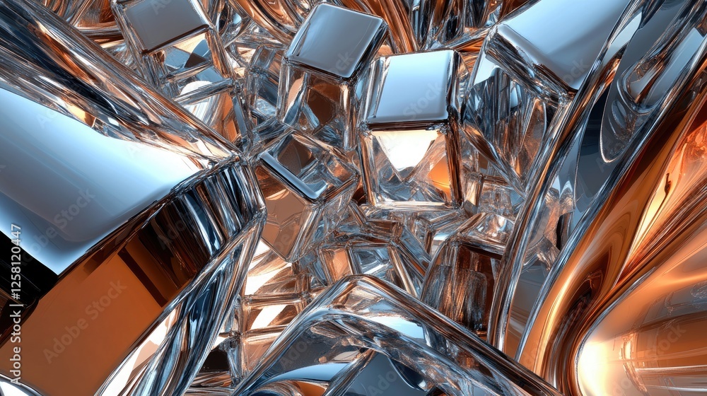 Poster Shiny metallic cubes and cylinders arranged in a complex, interlocking pattern, highlighting their reflective surfaces and dynamic contrasts in an abstract design.