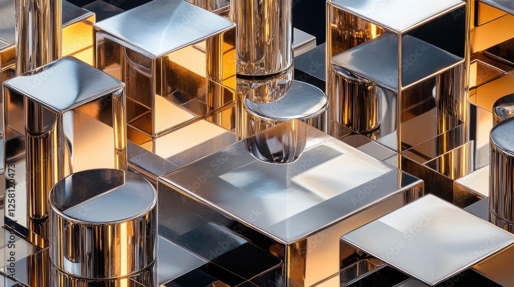 Poster Shiny metallic cubes and cylinders arranged in a detailed interlocking pattern, emphasizing their reflective surfaces and the play of light and shadow in a sophisticated display.
