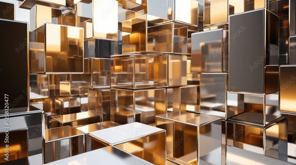 Poster Shiny metallic cubes and cylinders arranged in a detailed interlocking pattern, emphasizing their reflective surfaces and the play of light and shadow in a sophisticated display.