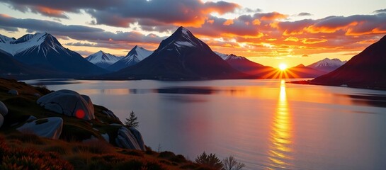 Sunrise over Lake with Mountains and Dramatic Sky