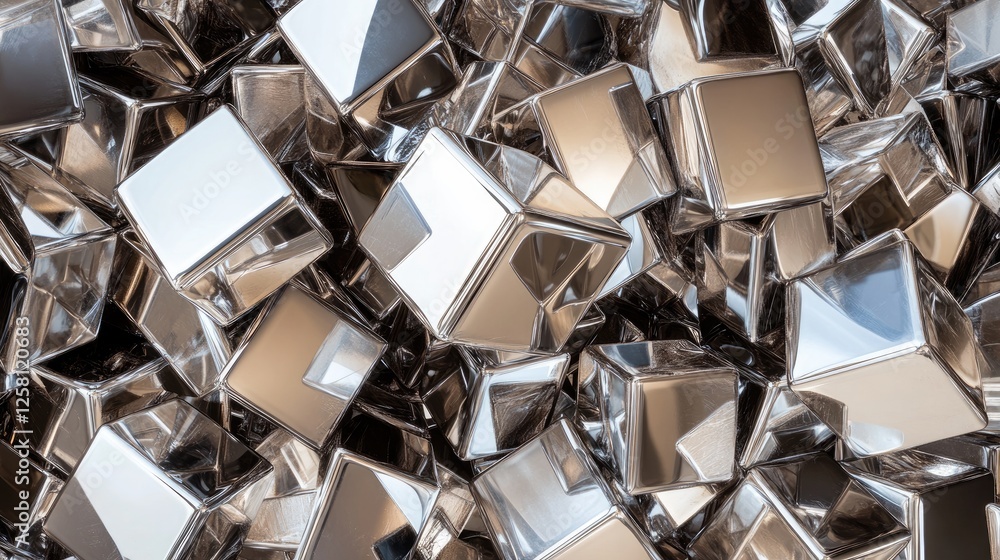 Aufkleber Shiny metallic cubes and cylinders interlocked in a complex arrangement, reflecting light and creating a visual contrast of smooth surfaces and intricate geometric patterns.